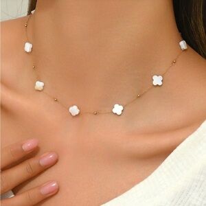 Natural Mother of Pearl Clover Shaped Beaded Dainty Necklace in Gold